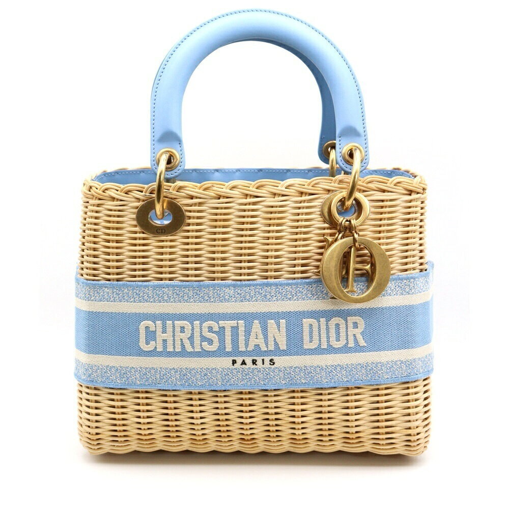 Christian Dior Lady Wicker Handbag Shoulder Bag Basket Blue Beige Rattan